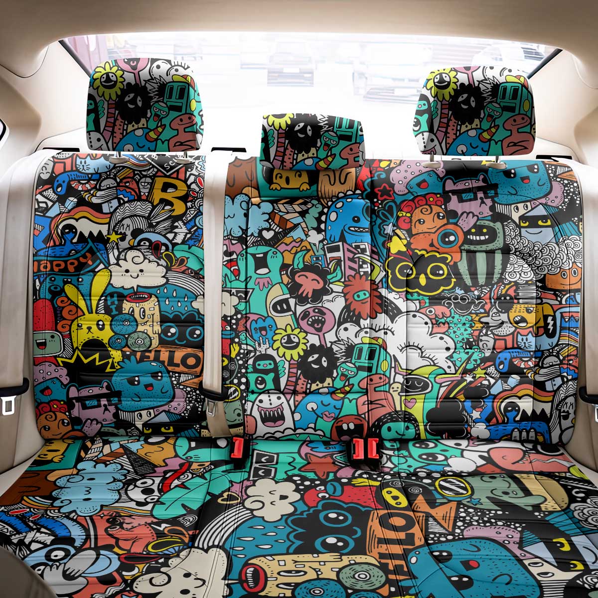 Happy Doodle Monsters Sticker Bomb Back Car Seat Cover Funny Graffiti Style Cartoon