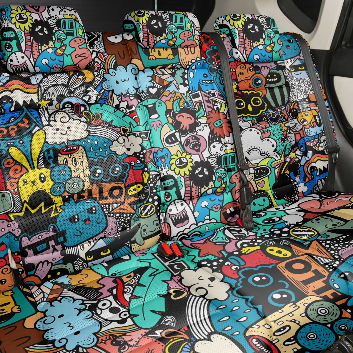 Happy Doodle Monsters Sticker Bomb Back Car Seat Cover Funny Graffiti Style Cartoon