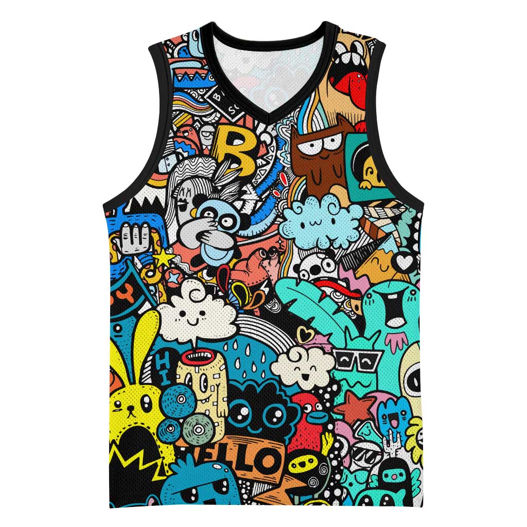 Happy Doodle Monsters Sticker Bomb Basketball Jersey Funny Graffiti Style Cartoon