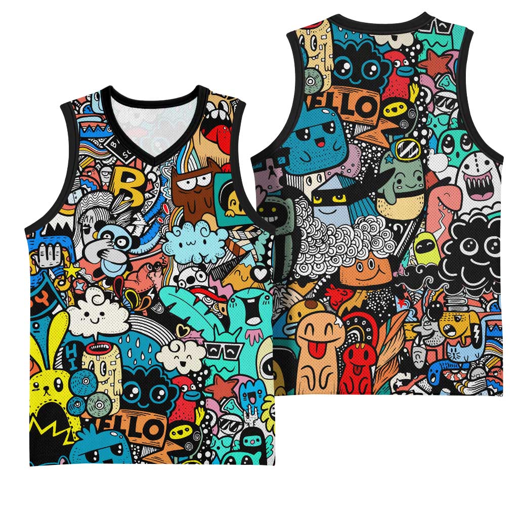 Happy Doodle Monsters Sticker Bomb Basketball Jersey Funny Graffiti Style Cartoon
