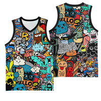 Happy Doodle Monsters Sticker Bomb Basketball Jersey Funny Graffiti Style Cartoon