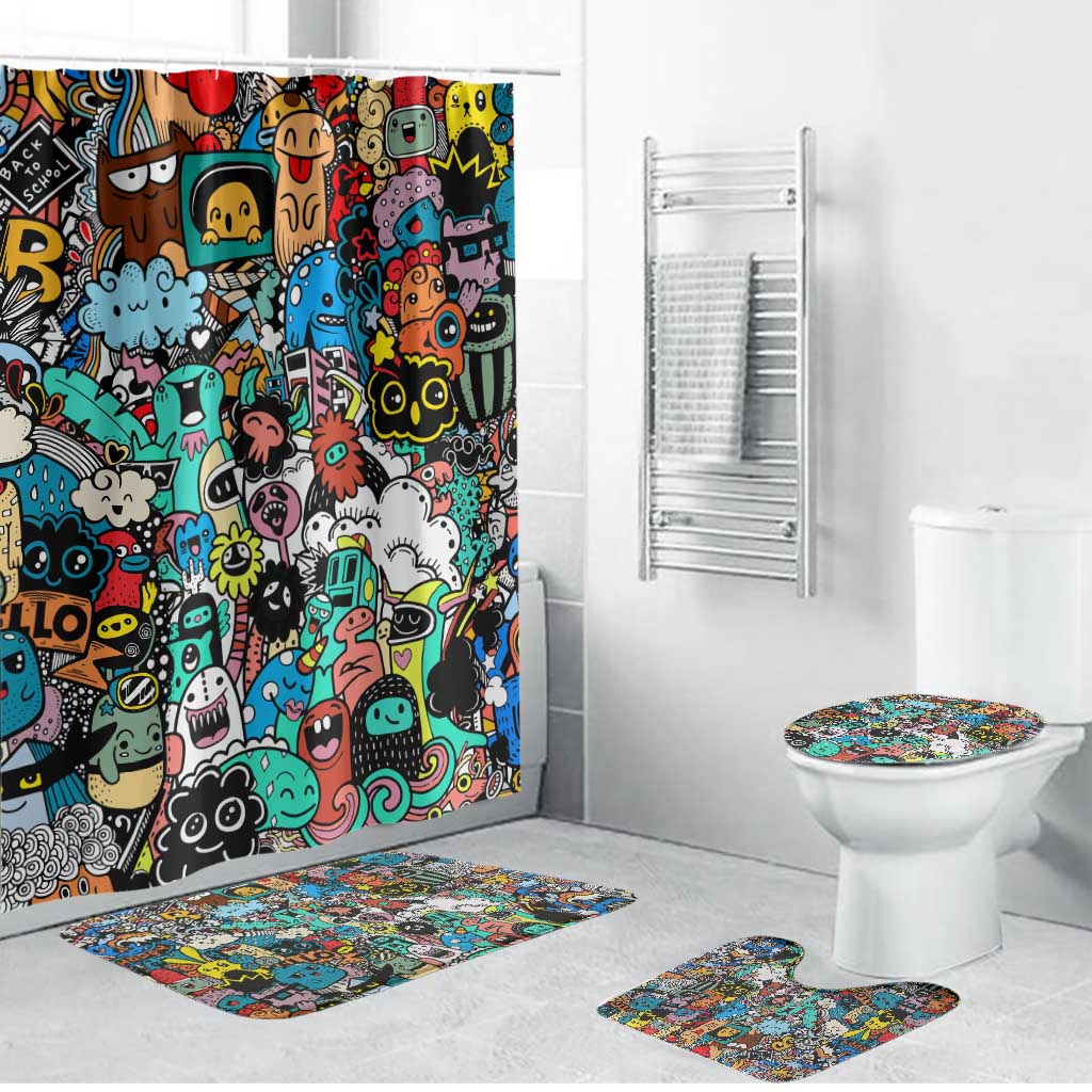 Happy Doodle Monsters Sticker Bomb Bathroom Set Funny Graffiti Style Cartoon