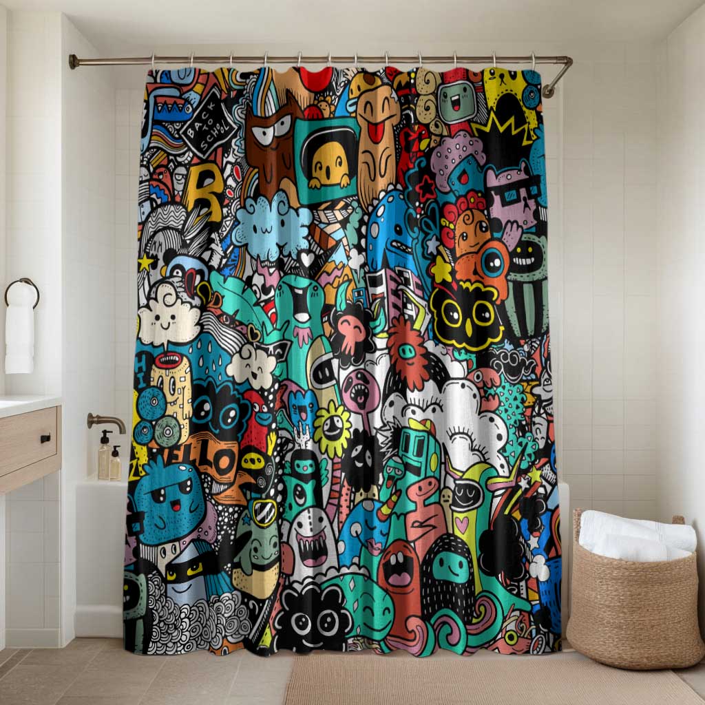 Happy Doodle Monsters Sticker Bomb Bathroom Set Funny Graffiti Style Cartoon