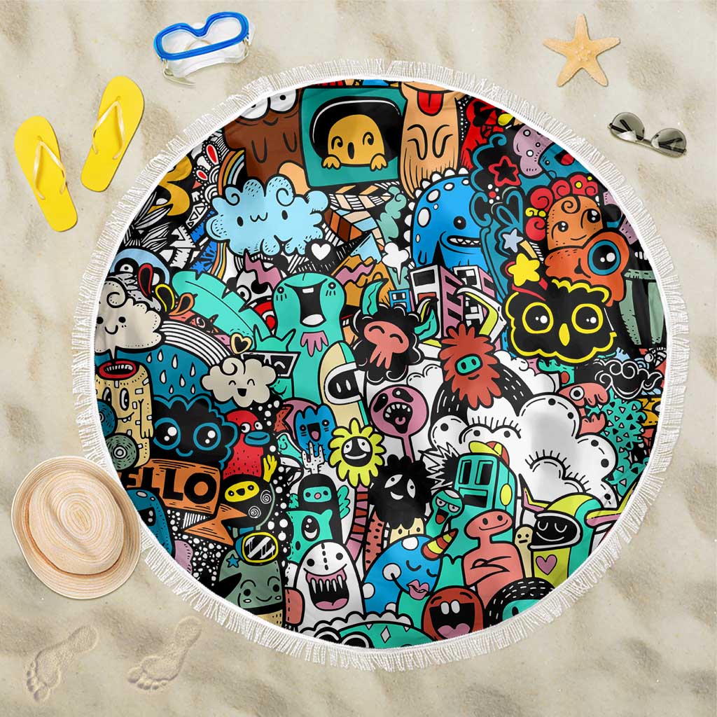 Happy Doodle Monsters Sticker Bomb Beach Blanket Funny Graffiti Style Cartoon