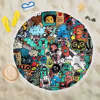 Happy Doodle Monsters Sticker Bomb Beach Blanket Funny Graffiti Style Cartoon