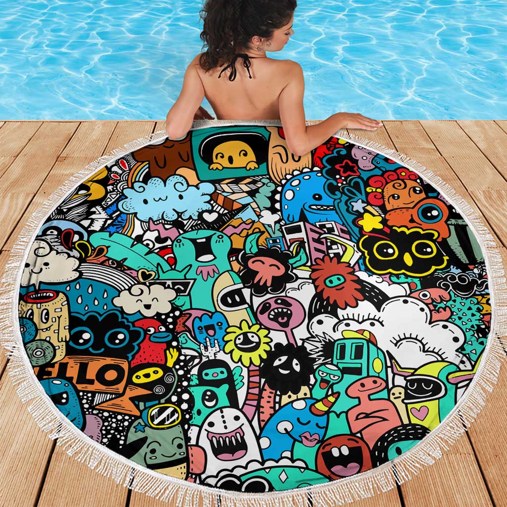 Happy Doodle Monsters Sticker Bomb Beach Blanket Funny Graffiti Style Cartoon