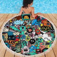 Happy Doodle Monsters Sticker Bomb Beach Blanket Funny Graffiti Style Cartoon