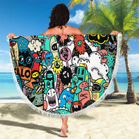 Happy Doodle Monsters Sticker Bomb Beach Blanket Funny Graffiti Style Cartoon