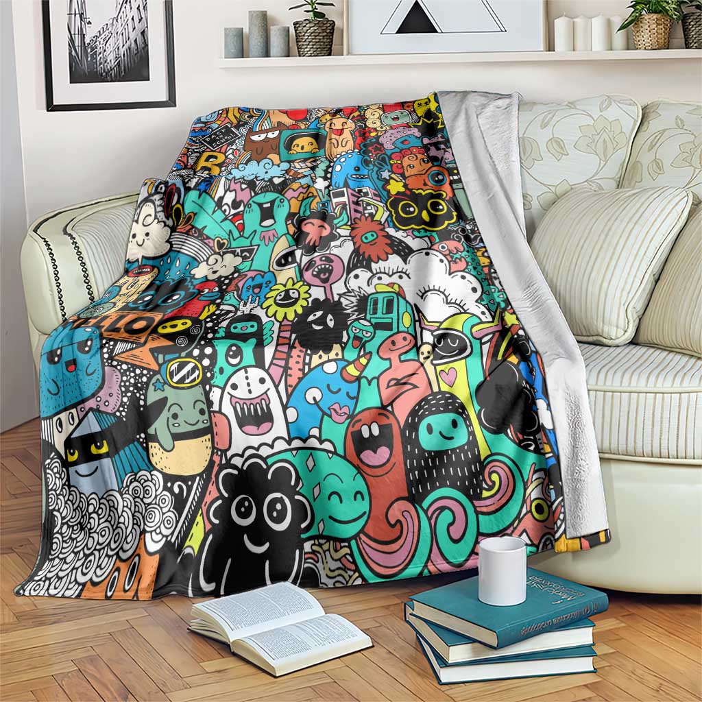 Happy Doodle Monsters Sticker Bomb Blanket Funny Graffiti Style Cartoon
