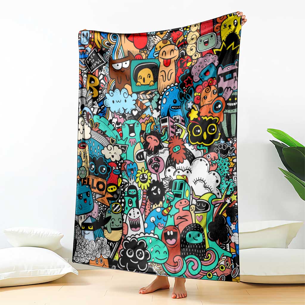 Happy Doodle Monsters Sticker Bomb Blanket Funny Graffiti Style Cartoon