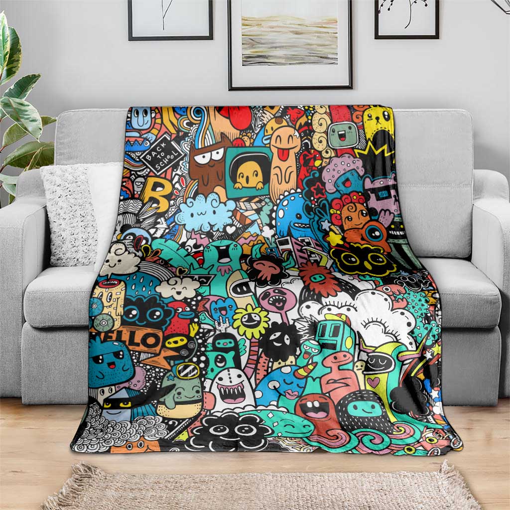 Happy Doodle Monsters Sticker Bomb Blanket Funny Graffiti Style Cartoon