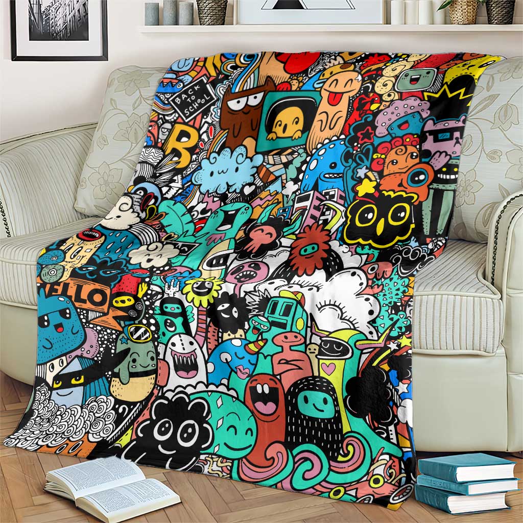 Happy Doodle Monsters Sticker Bomb Blanket Funny Graffiti Style Cartoon