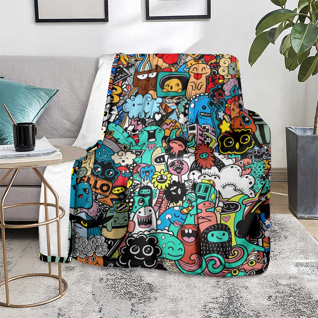 Happy Doodle Monsters Sticker Bomb Blanket Funny Graffiti Style Cartoon