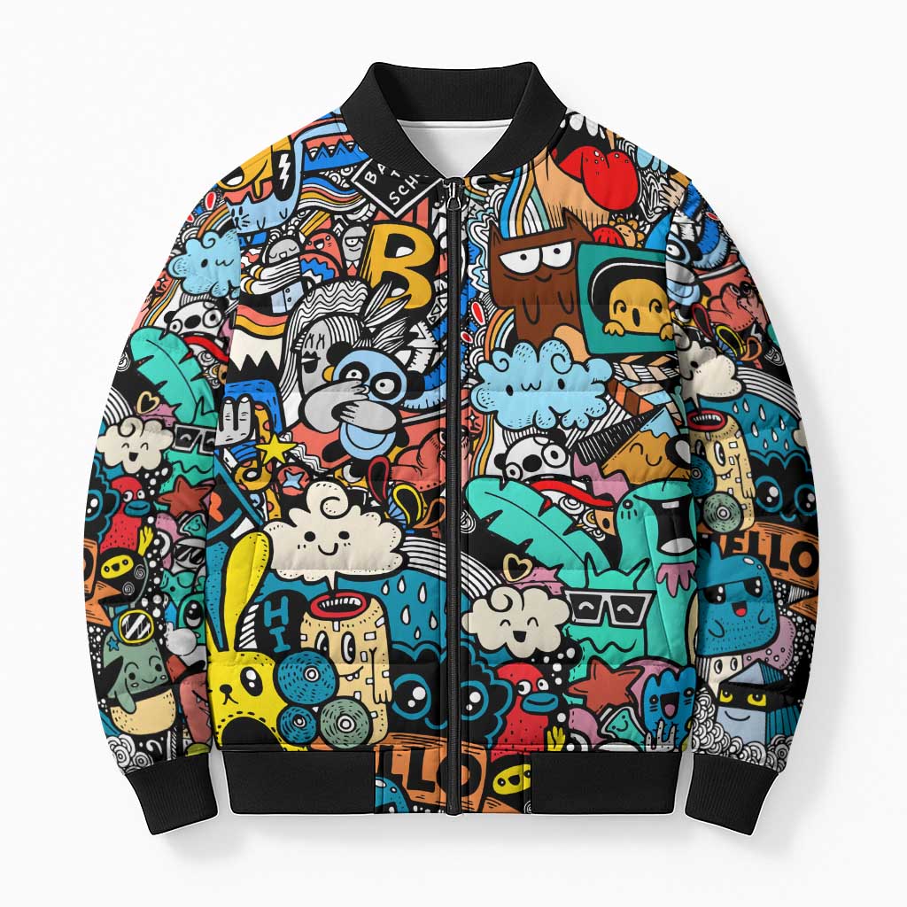 Happy Doodle Monsters Sticker Bomb Bomber Puffer Jacket Funny Graffiti Style Cartoon