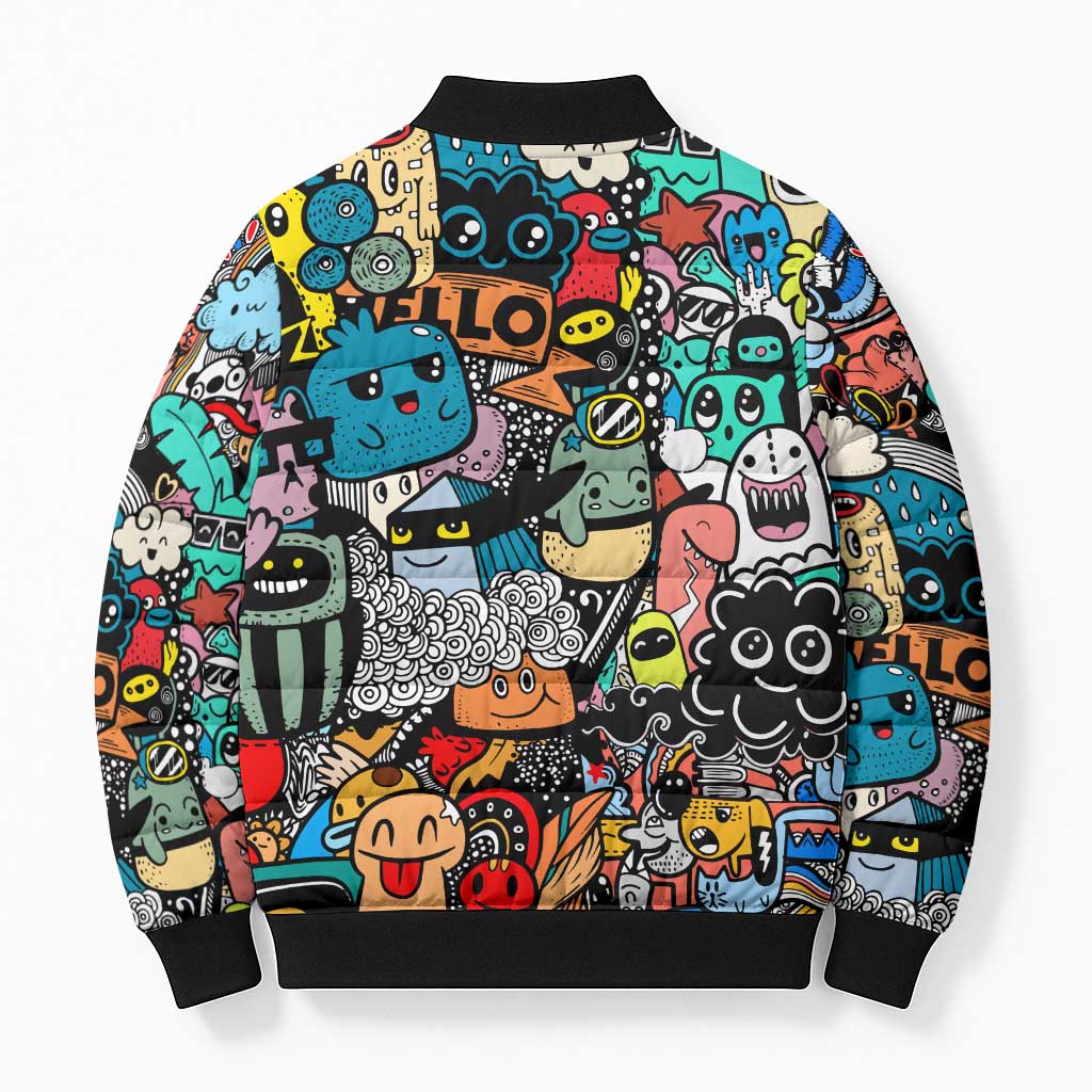 Happy Doodle Monsters Sticker Bomb Bomber Puffer Jacket Funny Graffiti Style Cartoon