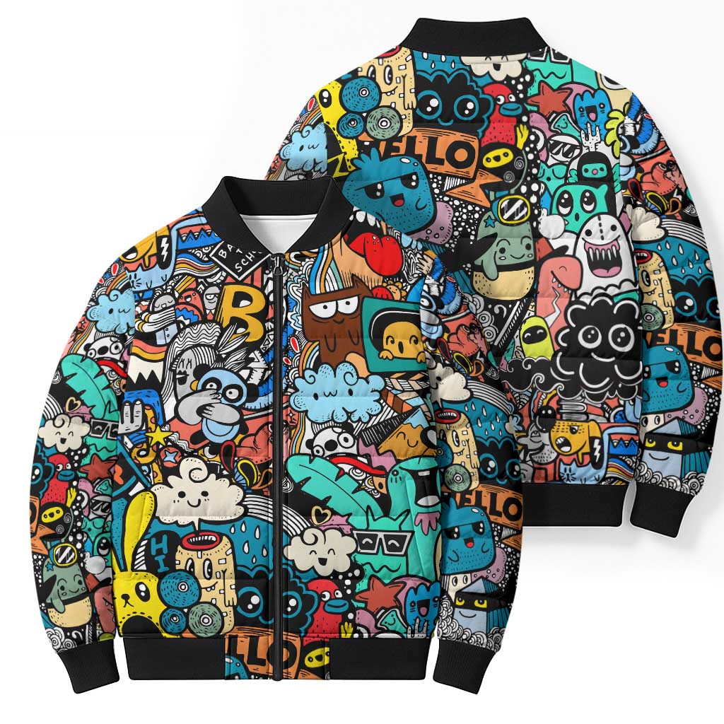 Happy Doodle Monsters Sticker Bomb Bomber Puffer Jacket Funny Graffiti Style Cartoon