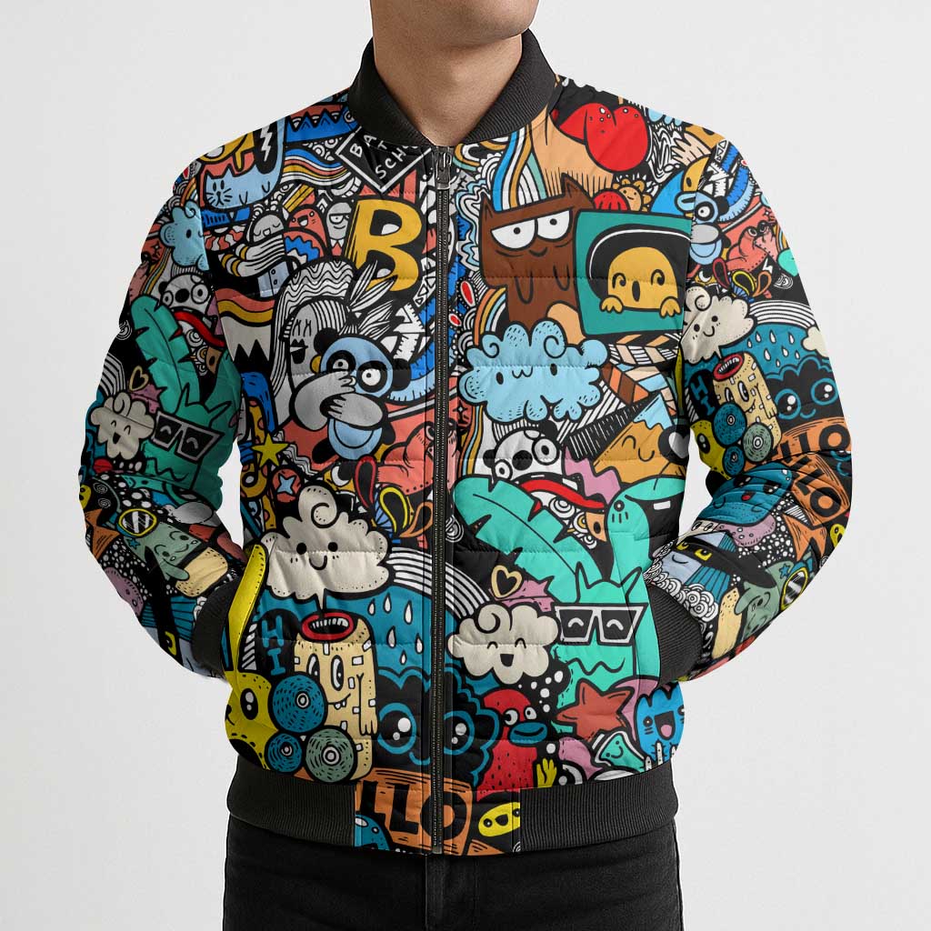 Happy Doodle Monsters Sticker Bomb Bomber Puffer Jacket Funny Graffiti Style Cartoon