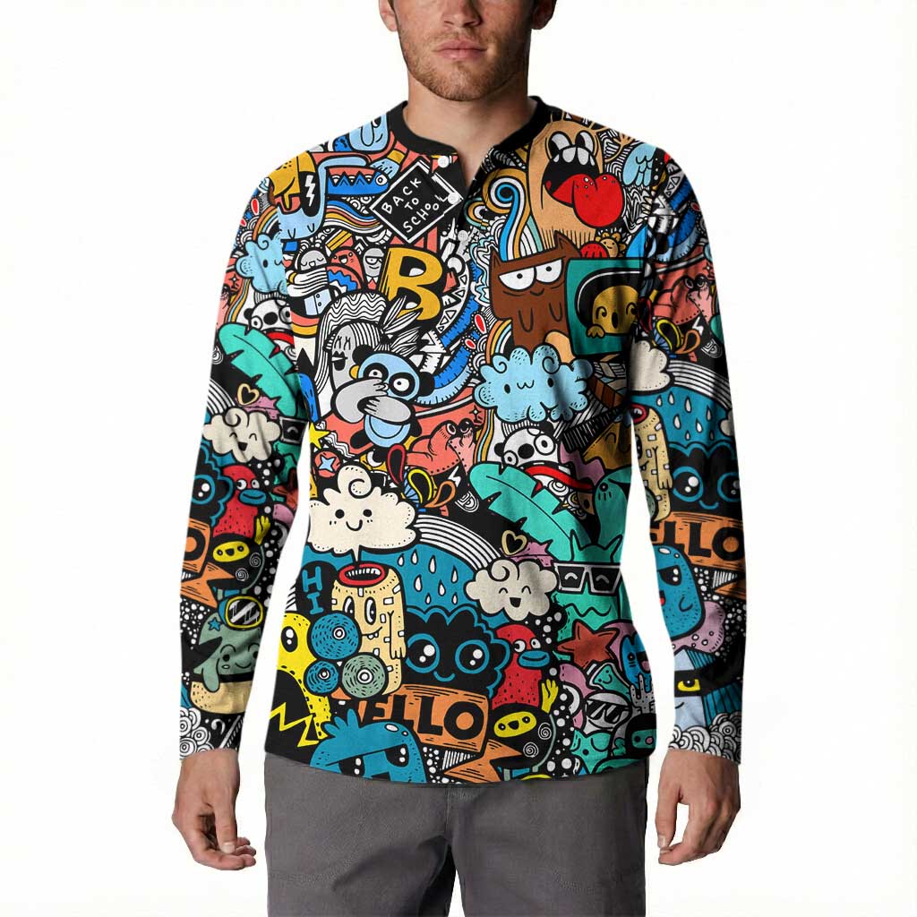 Happy Doodle Monsters Sticker Bomb Button Sweatshirt Funny Graffiti Style Cartoon
