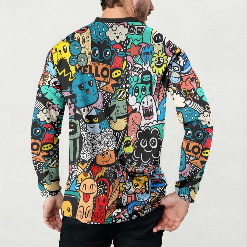Happy Doodle Monsters Sticker Bomb Button Sweatshirt Funny Graffiti Style Cartoon
