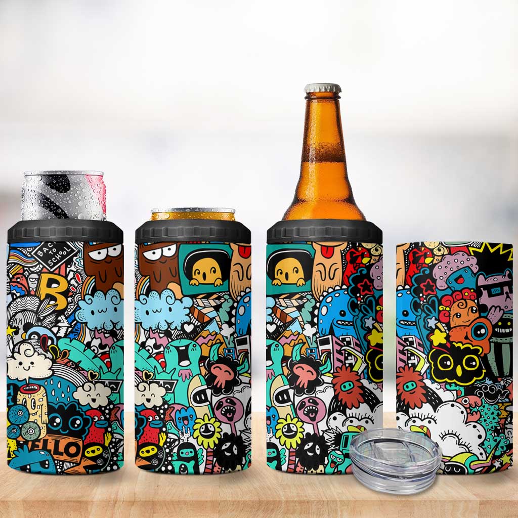 Happy Doodle Monsters Sticker Bomb 4 in 1 Can Cooler Tumbler Funny Graffiti Style Cartoon