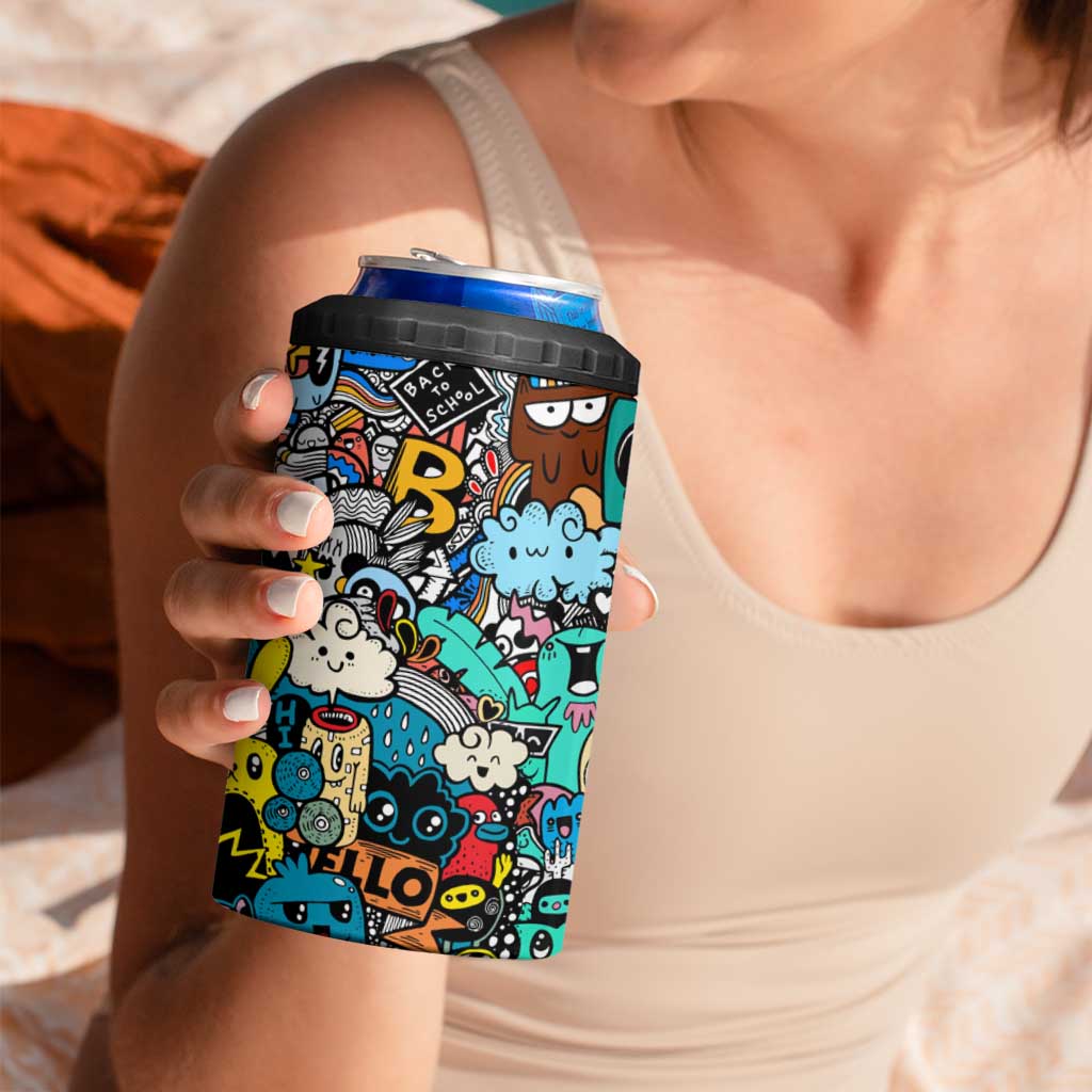 Happy Doodle Monsters Sticker Bomb 4 in 1 Can Cooler Tumbler Funny Graffiti Style Cartoon