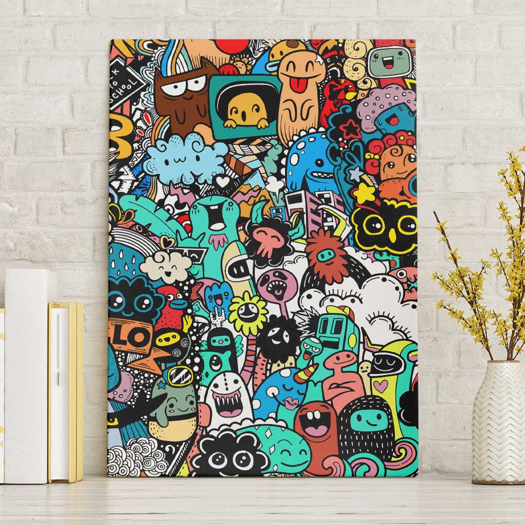 Happy Doodle Monsters Sticker Bomb Canvas Wall Art Funny Graffiti Style Cartoon