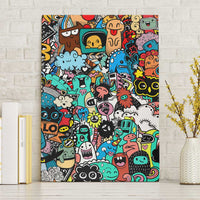 Happy Doodle Monsters Sticker Bomb Canvas Wall Art Funny Graffiti Style Cartoon