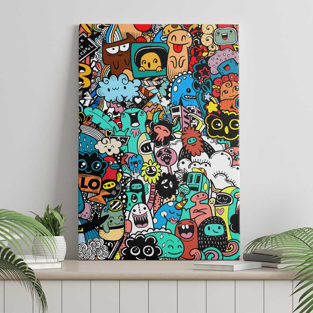 Happy Doodle Monsters Sticker Bomb Canvas Wall Art Funny Graffiti Style Cartoon