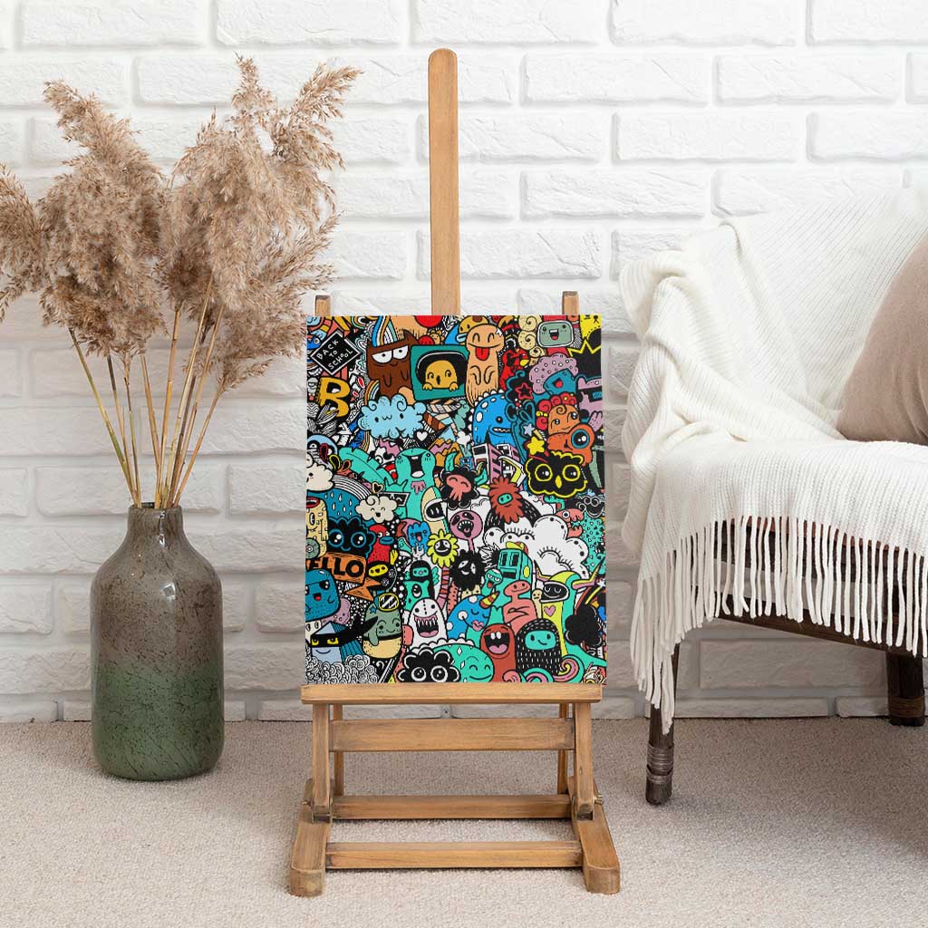 Happy Doodle Monsters Sticker Bomb Canvas Wall Art Funny Graffiti Style Cartoon