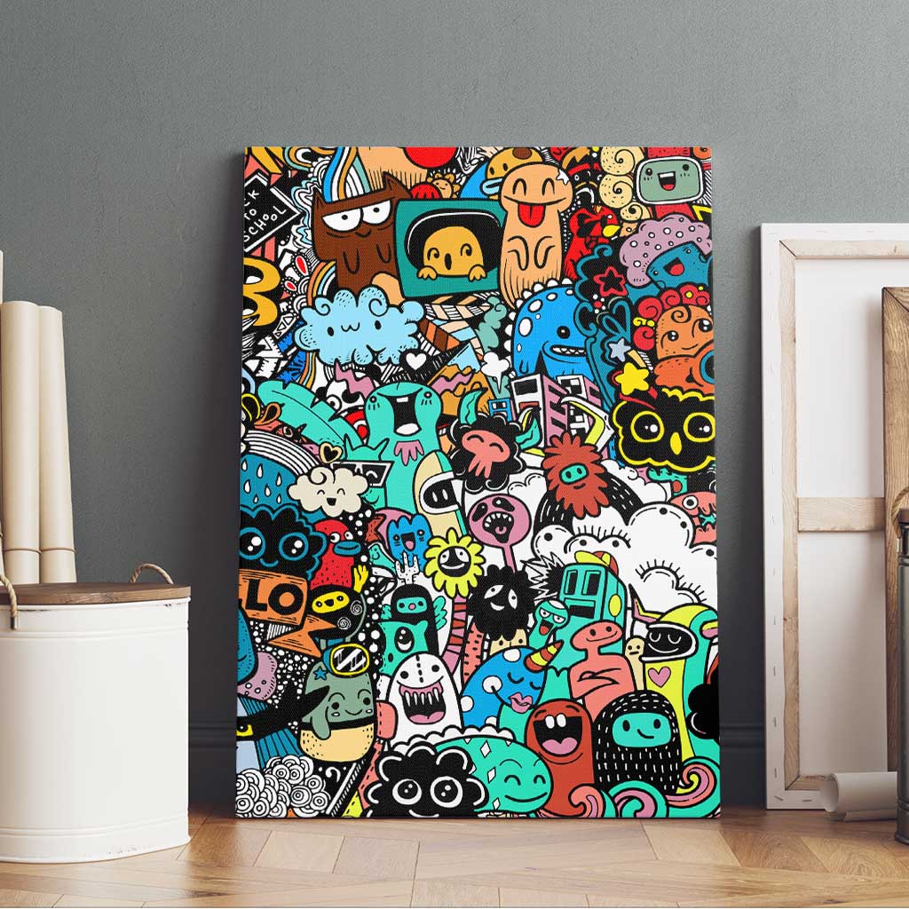 Happy Doodle Monsters Sticker Bomb Canvas Wall Art Funny Graffiti Style Cartoon