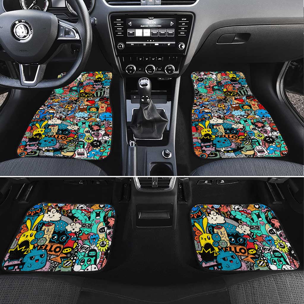 Happy Doodle Monsters Sticker Bomb Car Mats Funny Graffiti Style Cartoon