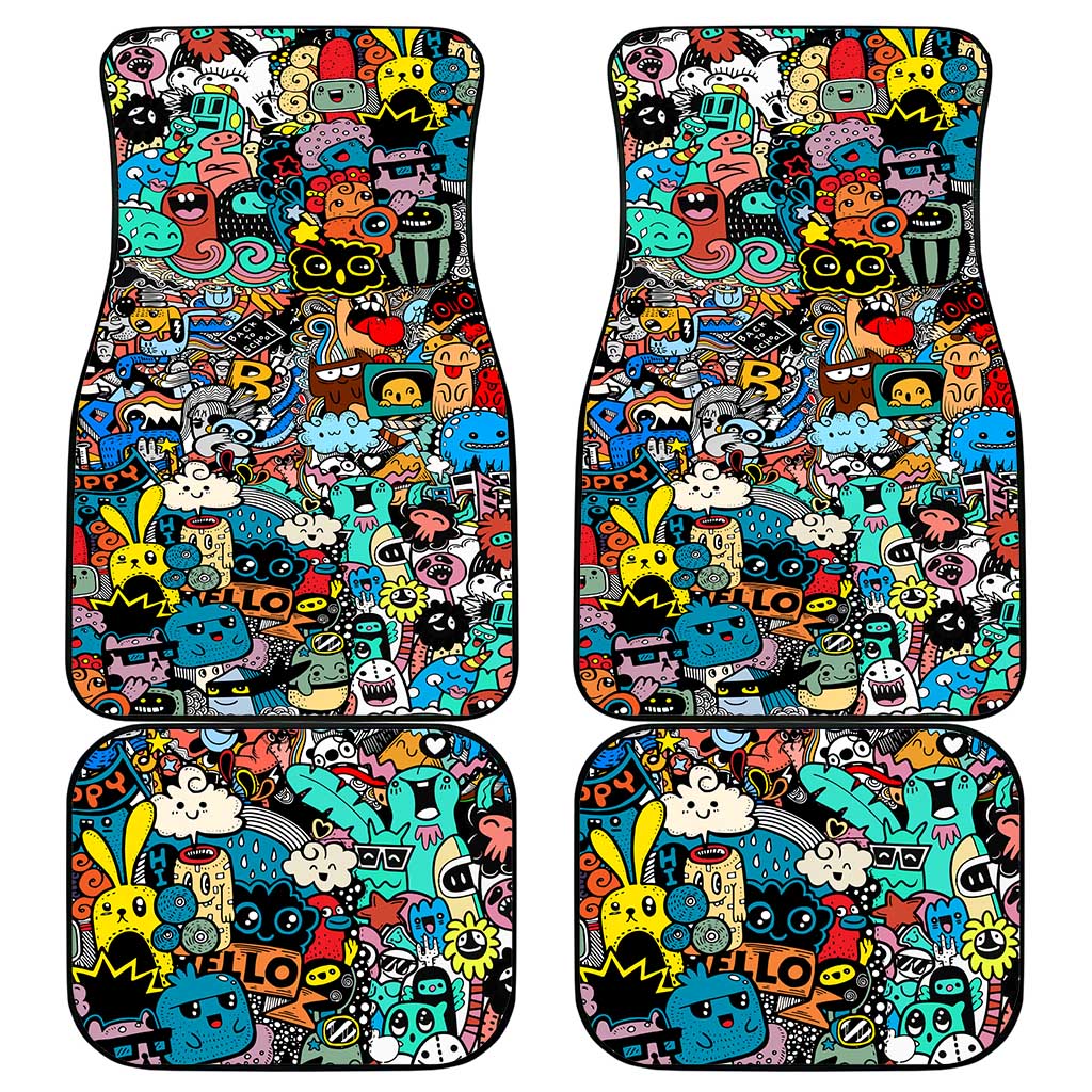Happy Doodle Monsters Sticker Bomb Car Mats Funny Graffiti Style Cartoon