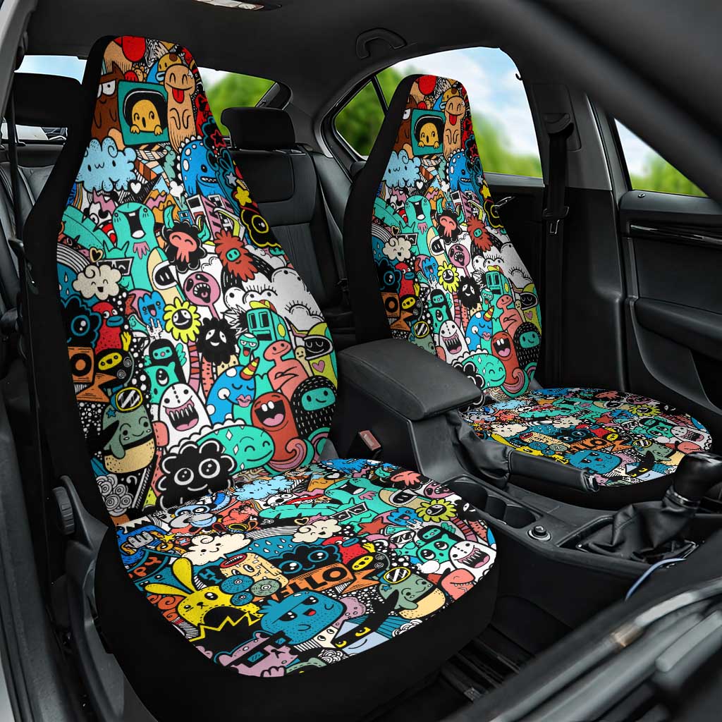 Happy Doodle Monsters Sticker Bomb Car Seat Cover Funny Graffiti Style Cartoon