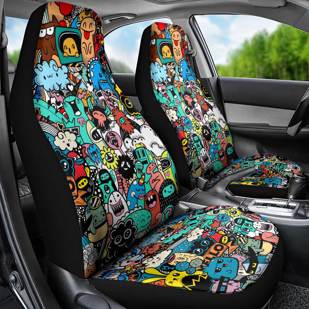 Happy Doodle Monsters Sticker Bomb Car Seat Cover Funny Graffiti Style Cartoon