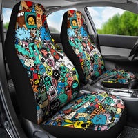 Happy Doodle Monsters Sticker Bomb Car Seat Cover Funny Graffiti Style Cartoon