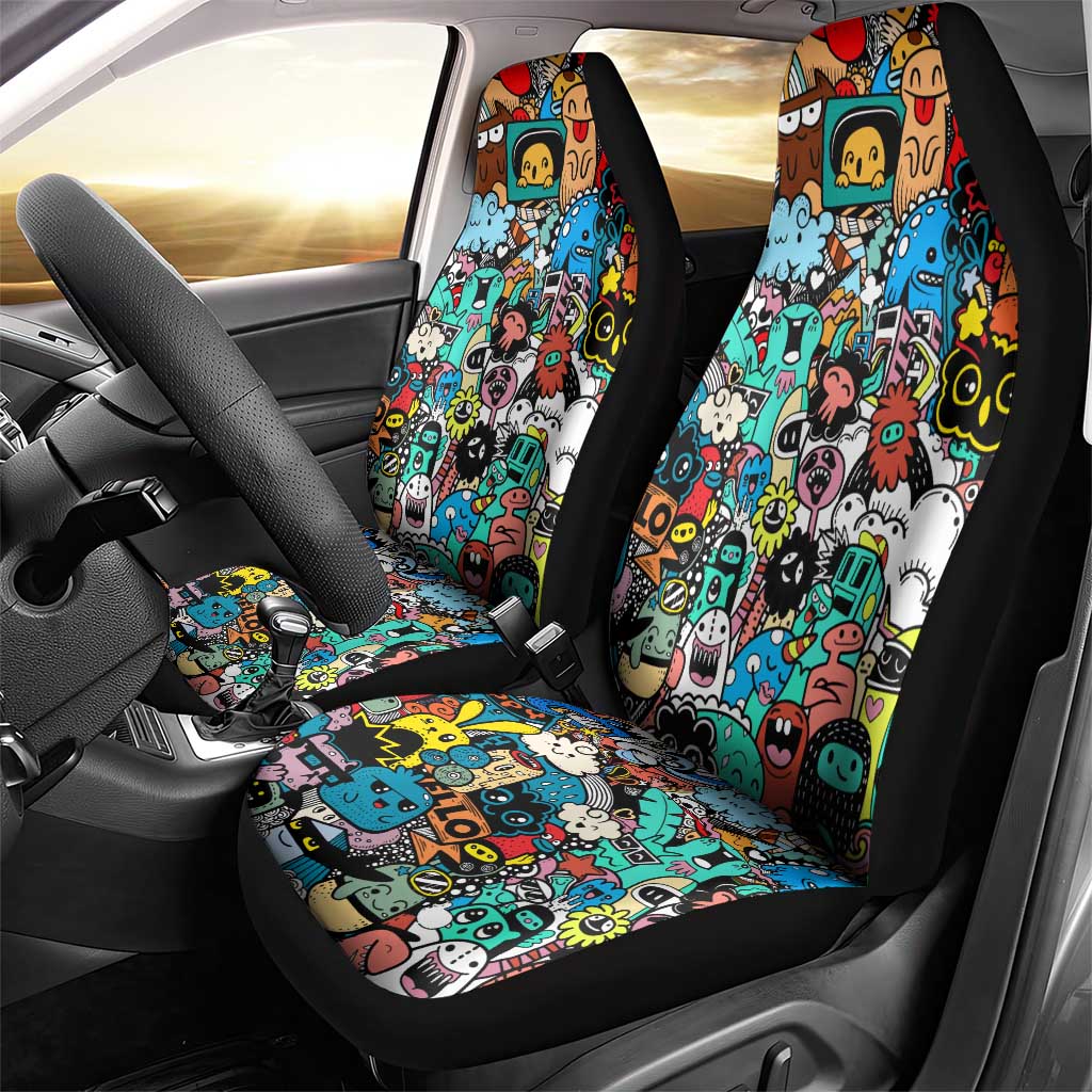 Happy Doodle Monsters Sticker Bomb Car Seat Cover Funny Graffiti Style Cartoon