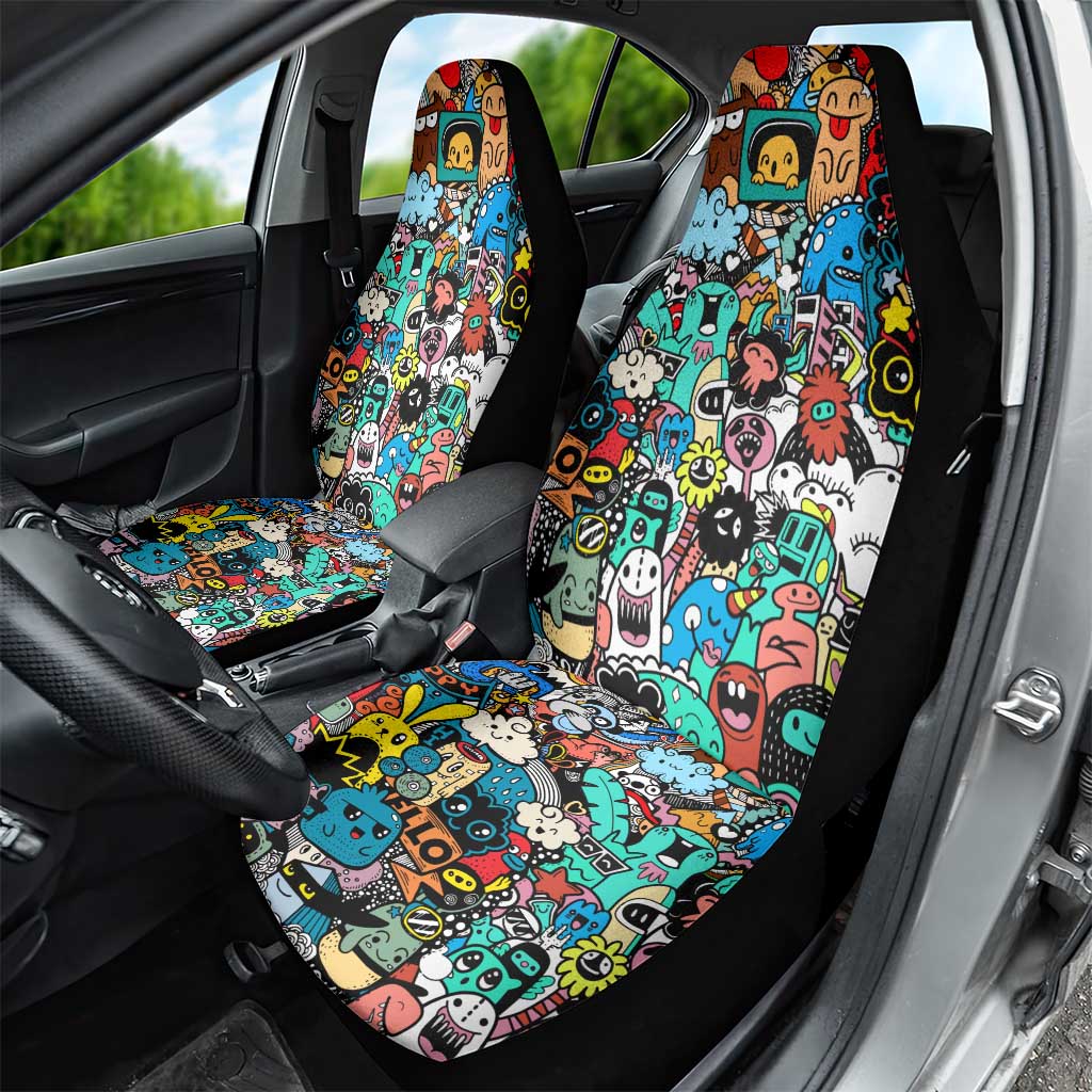 Happy Doodle Monsters Sticker Bomb Car Seat Cover Funny Graffiti Style Cartoon