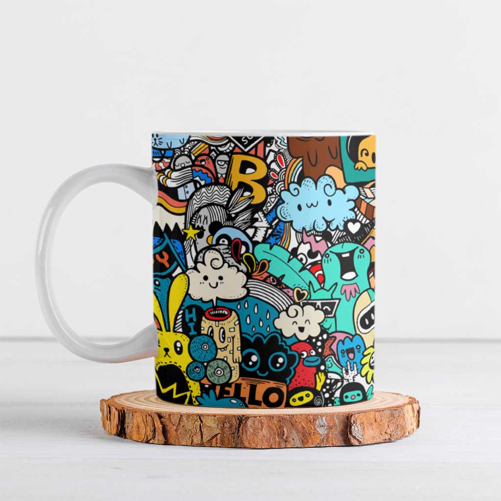 Happy Doodle Monsters Sticker Bomb Ceramic Mug Funny Graffiti Style Cartoon