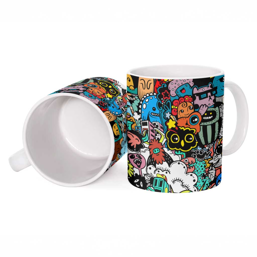 Happy Doodle Monsters Sticker Bomb Ceramic Mug Funny Graffiti Style Cartoon