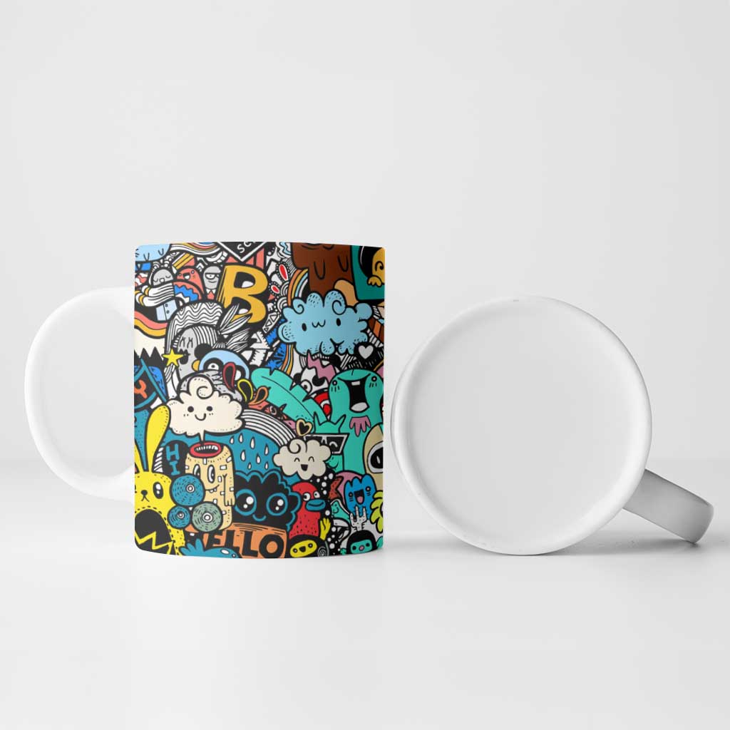 Happy Doodle Monsters Sticker Bomb Ceramic Mug Funny Graffiti Style Cartoon
