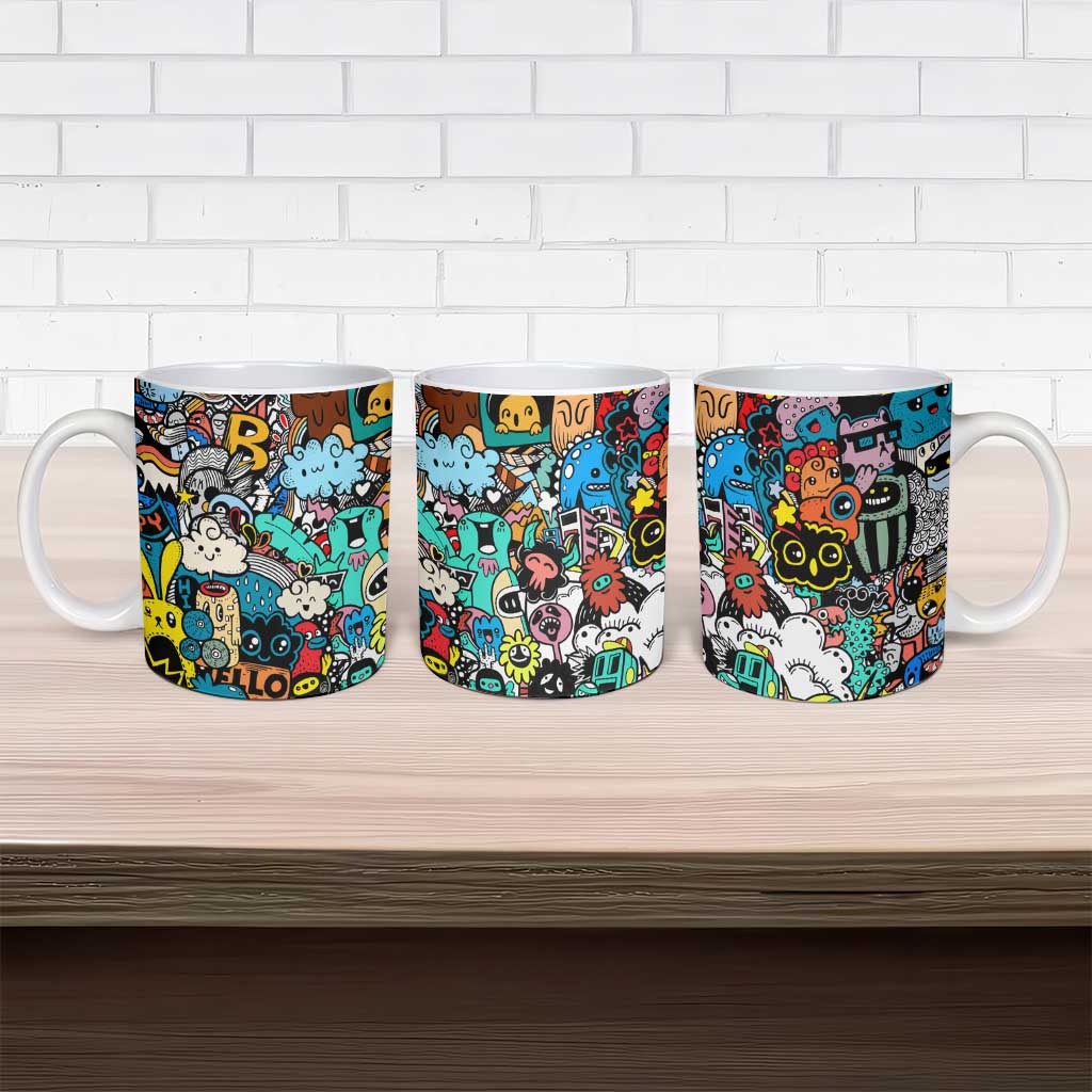Happy Doodle Monsters Sticker Bomb Ceramic Mug Funny Graffiti Style Cartoon