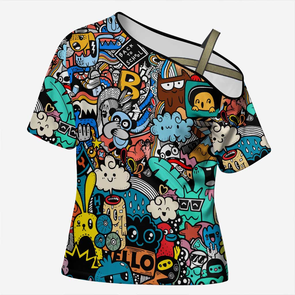 Happy Doodle Monsters Sticker Bomb Cross Shoulder Shirt Funny Graffiti Style Cartoon