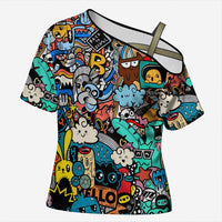 Happy Doodle Monsters Sticker Bomb Cross Shoulder Shirt Funny Graffiti Style Cartoon