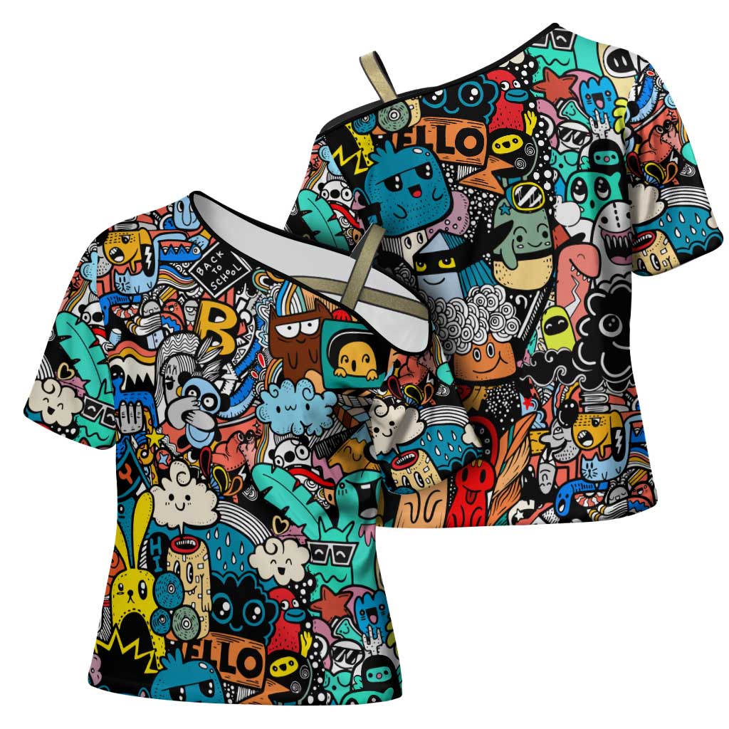Happy Doodle Monsters Sticker Bomb Cross Shoulder Shirt Funny Graffiti Style Cartoon