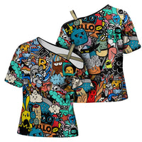 Happy Doodle Monsters Sticker Bomb Cross Shoulder Shirt Funny Graffiti Style Cartoon