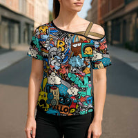 Happy Doodle Monsters Sticker Bomb Cross Shoulder Shirt Funny Graffiti Style Cartoon