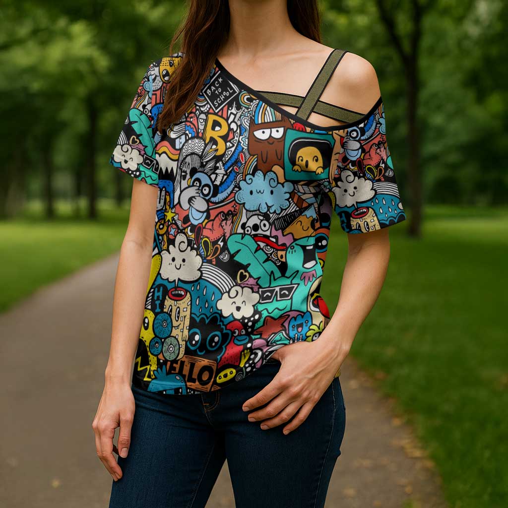 Happy Doodle Monsters Sticker Bomb Cross Shoulder Shirt Funny Graffiti Style Cartoon