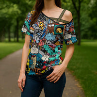 Happy Doodle Monsters Sticker Bomb Cross Shoulder Shirt Funny Graffiti Style Cartoon