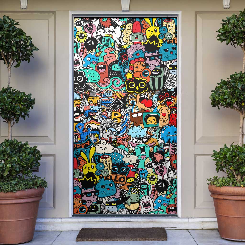 Happy Doodle Monsters Sticker Bomb Door Cover Funny Graffiti Style Cartoon