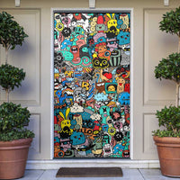 Happy Doodle Monsters Sticker Bomb Door Cover Funny Graffiti Style Cartoon